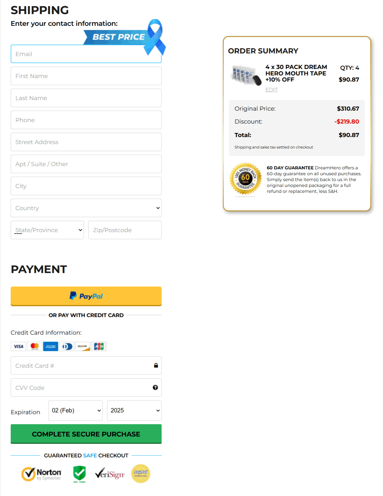 dreamhero mouthtape checkout page